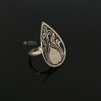 Sterling silver Indian classical tribal flower design adjustable ring, traditional ethnic jewelry perfect for Navratri celebrations.