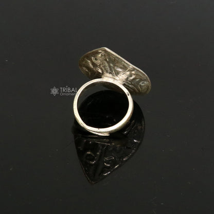 Sterling silver Indian classical floral design adjustable ring with tribal and ethnic motifs, ideal for Navratri jewelry.