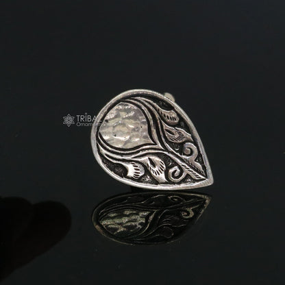 Sterling silver adjustable ring with intricate Indian floral design, tribal ethnic jewelry for Navratri by Tribal Ornaments