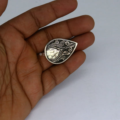 Sterling silver Indian classical floral design adjustable ring by TRIBAL ORNAMENTS, featuring traditional tribal ethnic jewelry style.