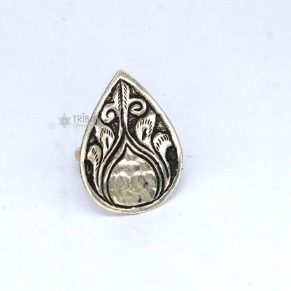 Sterling silver Indian classical flower design adjustable ring with tribal and ethnic motifs for Navratri jewelry.
