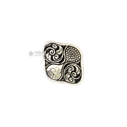 Sterling silver Indian classical flower design adjustable ring with tribal and ethnic motifs, ideal for Navratri jewelry.