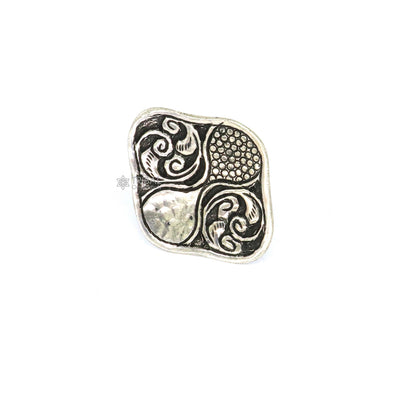 Sterling silver Indian classical tribal ring with floral design, adjustable band, ideal for Navratri and ethnic jewelry styles.