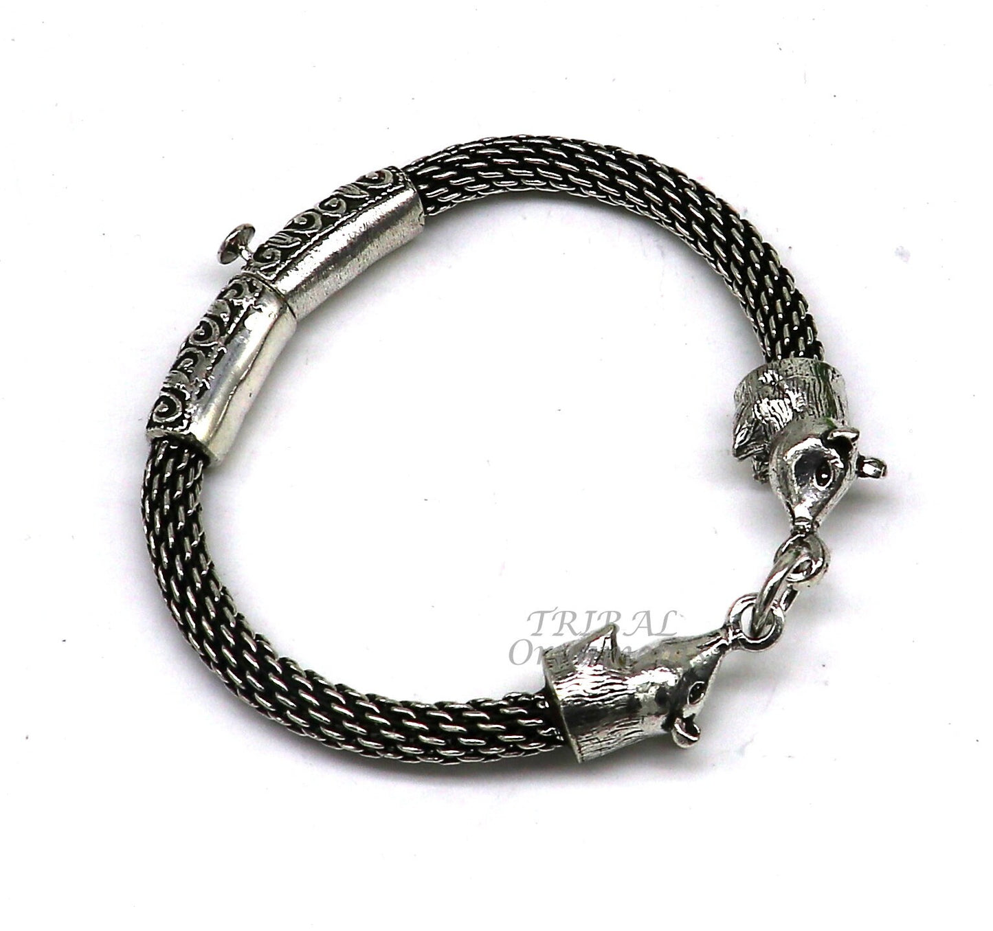 Indian ethnic style divine mouse design men's bracelet in 925 sterling silver, featuring tribal ornament craftsmanship.