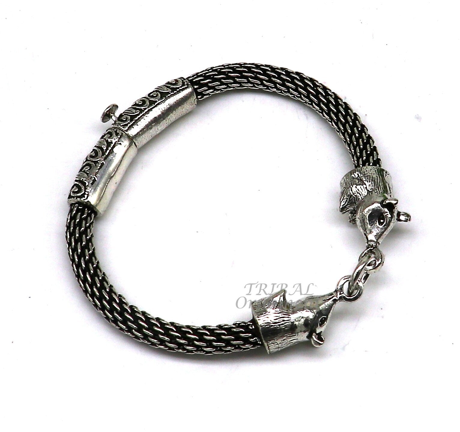Indian ethnic style divine mouse design men's bracelet in 925 sterling silver, featuring tribal ornament craftsmanship.