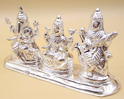 Indian idol Ganesha, goddess Laxmi and Sarswati combined statue vintage handmade silver figurine home temple prayers art - TRIBAL ORNAMENTS