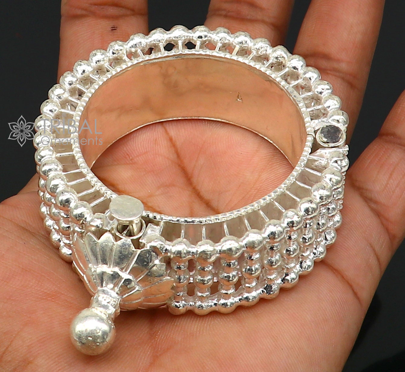 Indian traditional 925 sterling silver handmade cuff kada bracelet with vintage design, intricate tribal ornament details for brides.