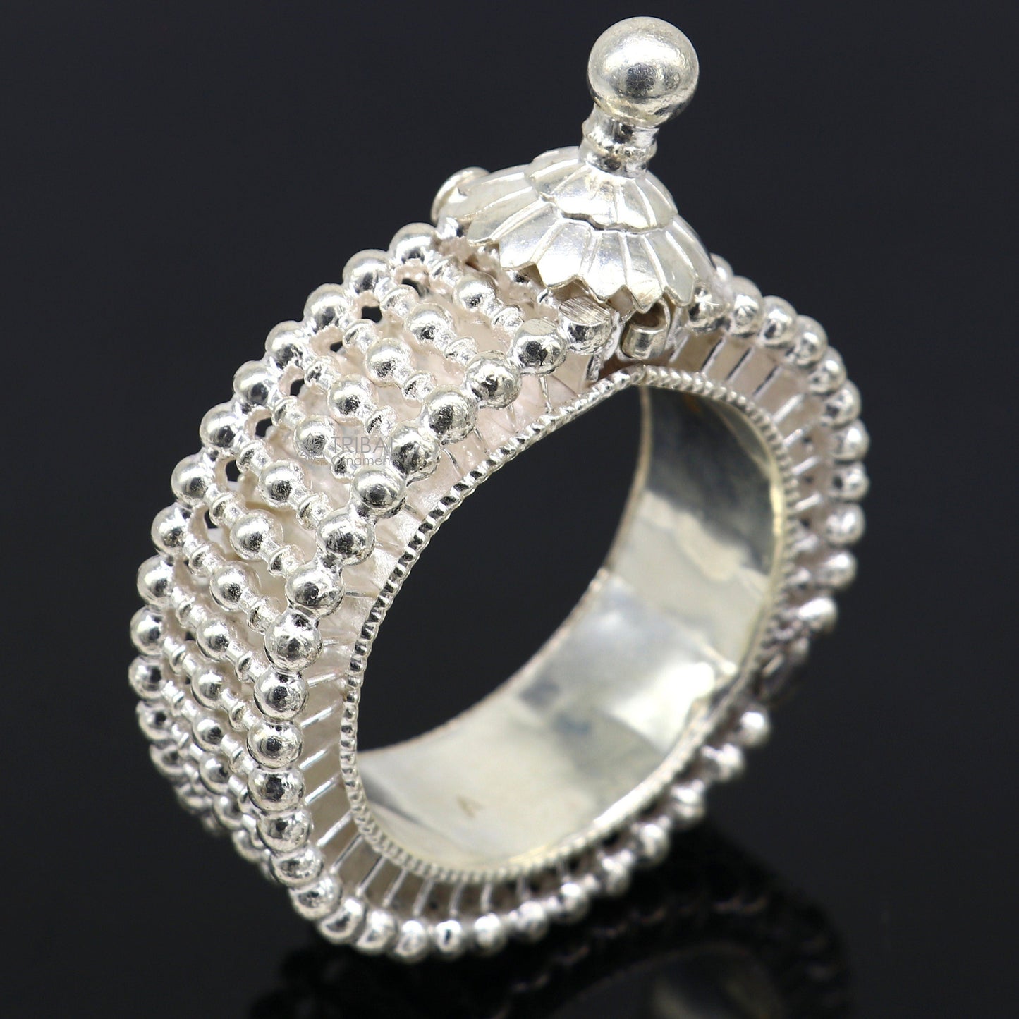 Traditional Indian sterling silver cuff bracelet with intricate vintage design, handcrafted tribal bangle for brides and special occasions.