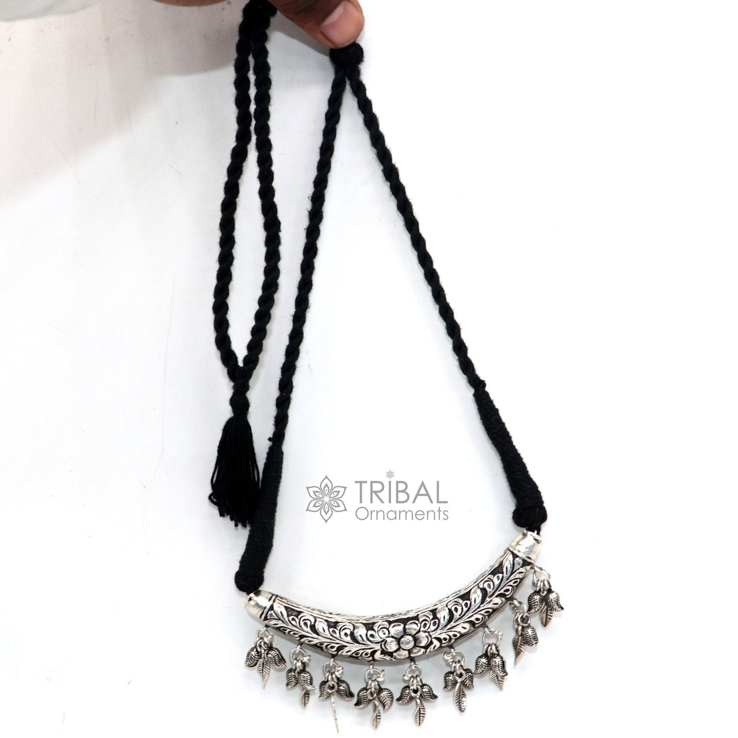 Indian traditional cultural style trendy 925 sterling silver customized kandrai work charm necklace, hasali, choker tribal jewelry set586 - TRIBAL ORNAMENTS