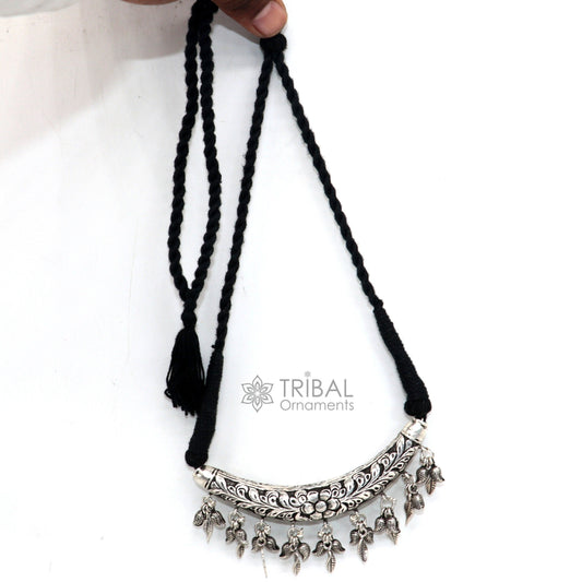 Indian traditional cultural style trendy 925 sterling silver customized kandrai work charm necklace, hasali, choker tribal jewelry set586 - TRIBAL ORNAMENTS