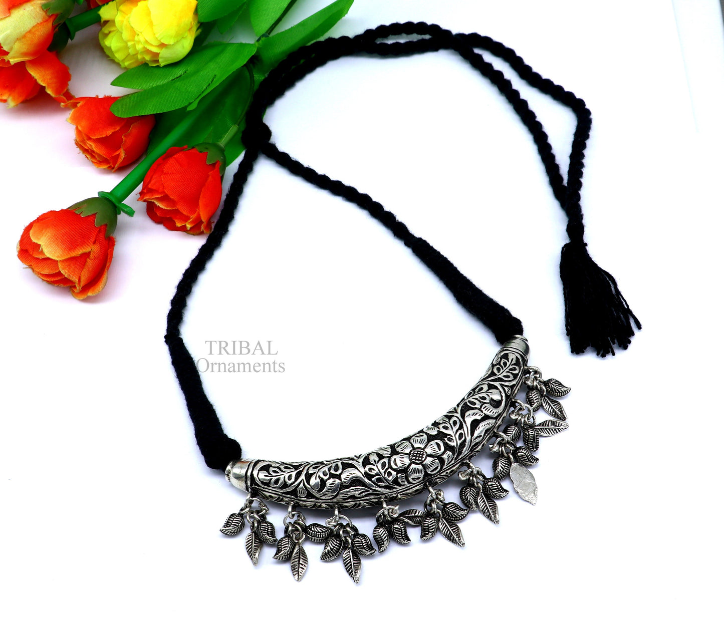 Indian traditional cultural style trendy 925 sterling silver customized kandrai work charm necklace, hasali, choker tribal jewelry set586 - TRIBAL ORNAMENTS