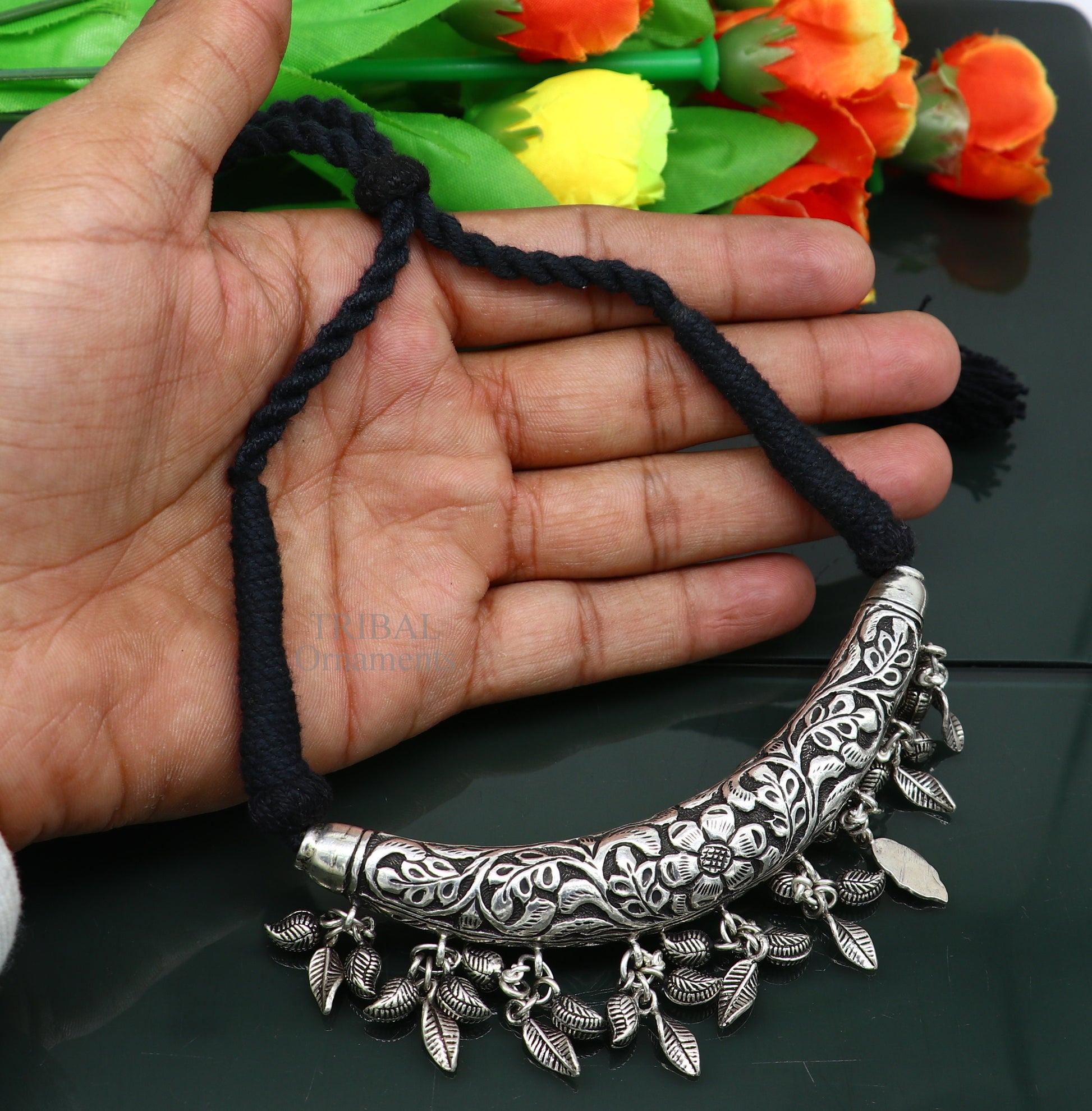 Indian traditional cultural style trendy 925 sterling silver customized kandrai work charm necklace, hasali, choker tribal jewelry set586 - TRIBAL ORNAMENTS