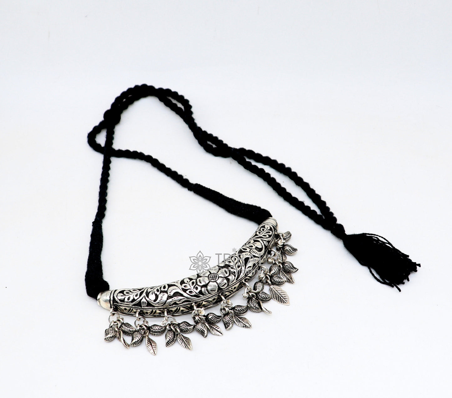 Indian traditional cultural style trendy 925 sterling silver customized kandrai work charm necklace, hasali, choker tribal jewelry set586 - TRIBAL ORNAMENTS