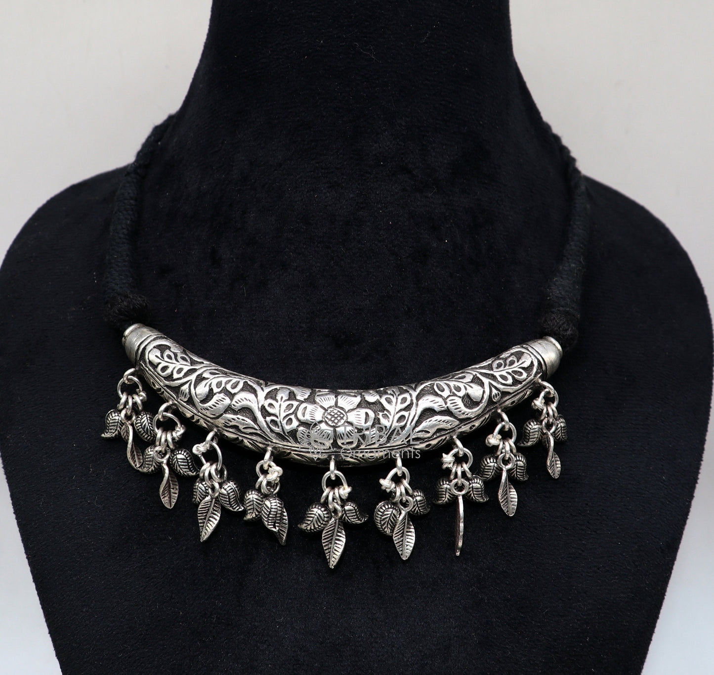 Indian traditional cultural style trendy 925 sterling silver customized kandrai work charm necklace, hasali, choker tribal jewelry set586 - TRIBAL ORNAMENTS