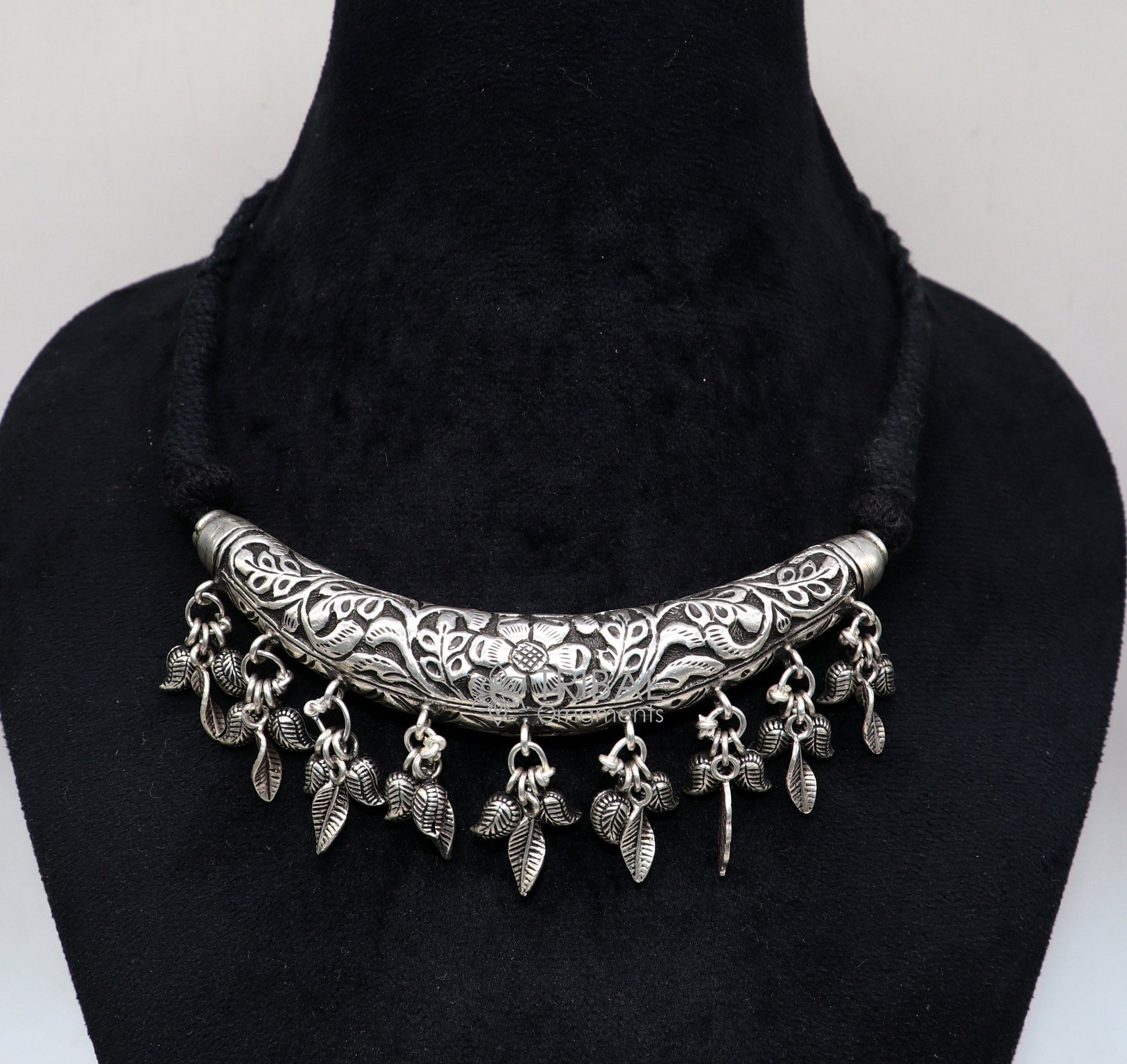 Indian traditional cultural style trendy 925 sterling silver customized kandrai work charm necklace, hasali, choker tribal jewelry set586 - TRIBAL ORNAMENTS