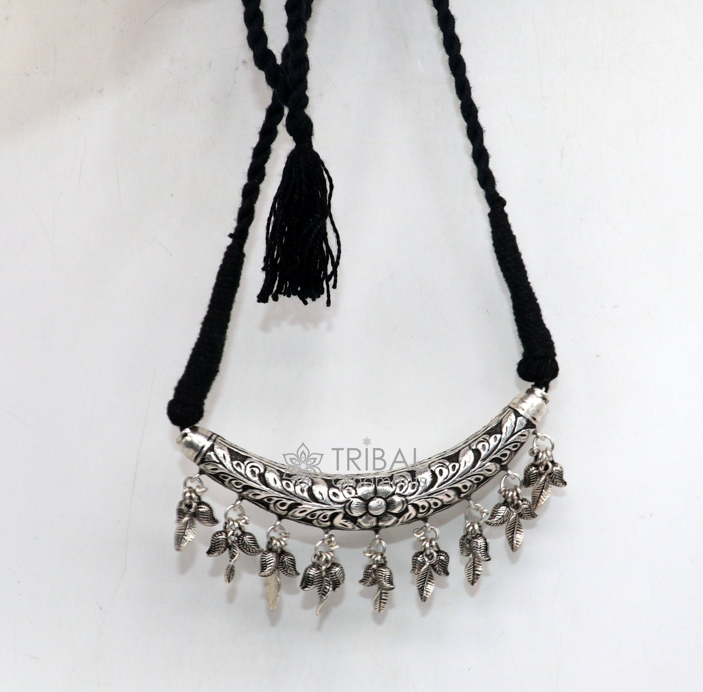 Indian traditional cultural style trendy 925 sterling silver customized kandrai work charm necklace, hasali, choker tribal jewelry set586 - TRIBAL ORNAMENTS