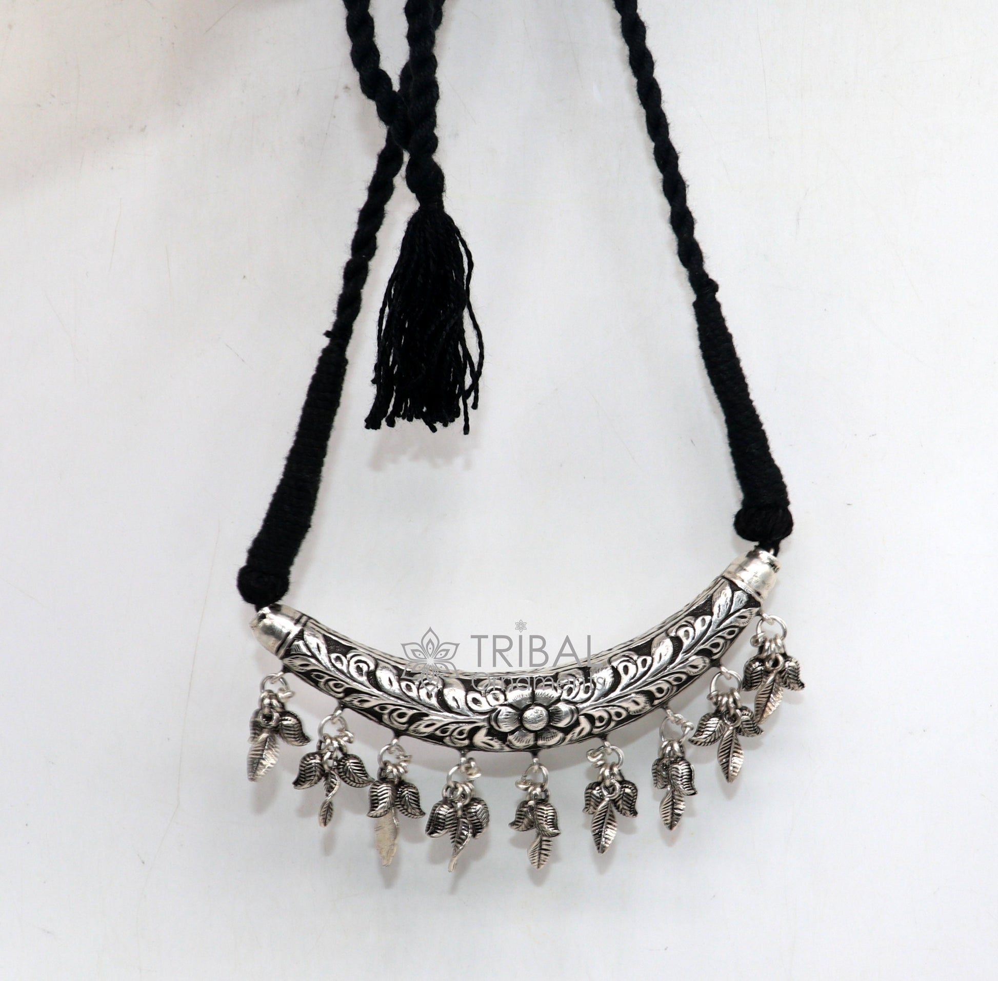 Indian traditional cultural style trendy 925 sterling silver customized kandrai work charm necklace, hasali, choker tribal jewelry set586 - TRIBAL ORNAMENTS