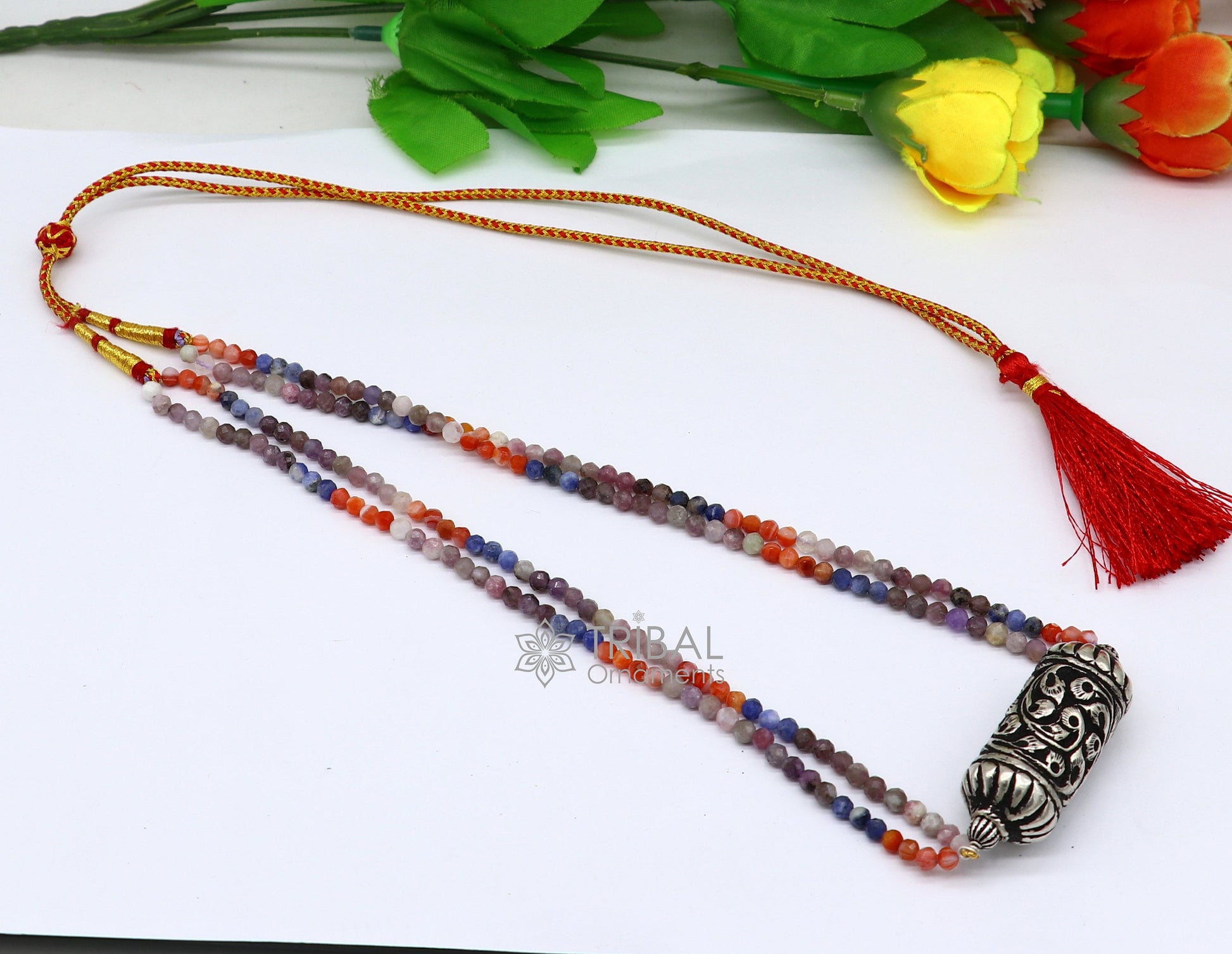 Indian tribal jewelry set featuring natural stone beaded choker necklace with 925 sterling silver Chitai Nakshi work, traditional style