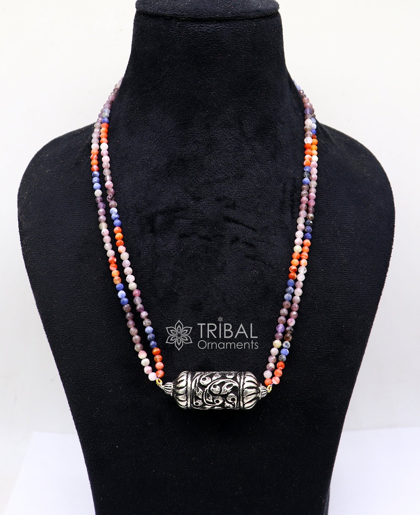 Indian traditional tribal jewelry set featuring natural stone beaded sterling silver Chitai Nakshi work necklace and choker.