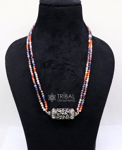 Indian traditional tribal jewelry set featuring natural stone beaded sterling silver Chitai Nakshi work necklace and choker.