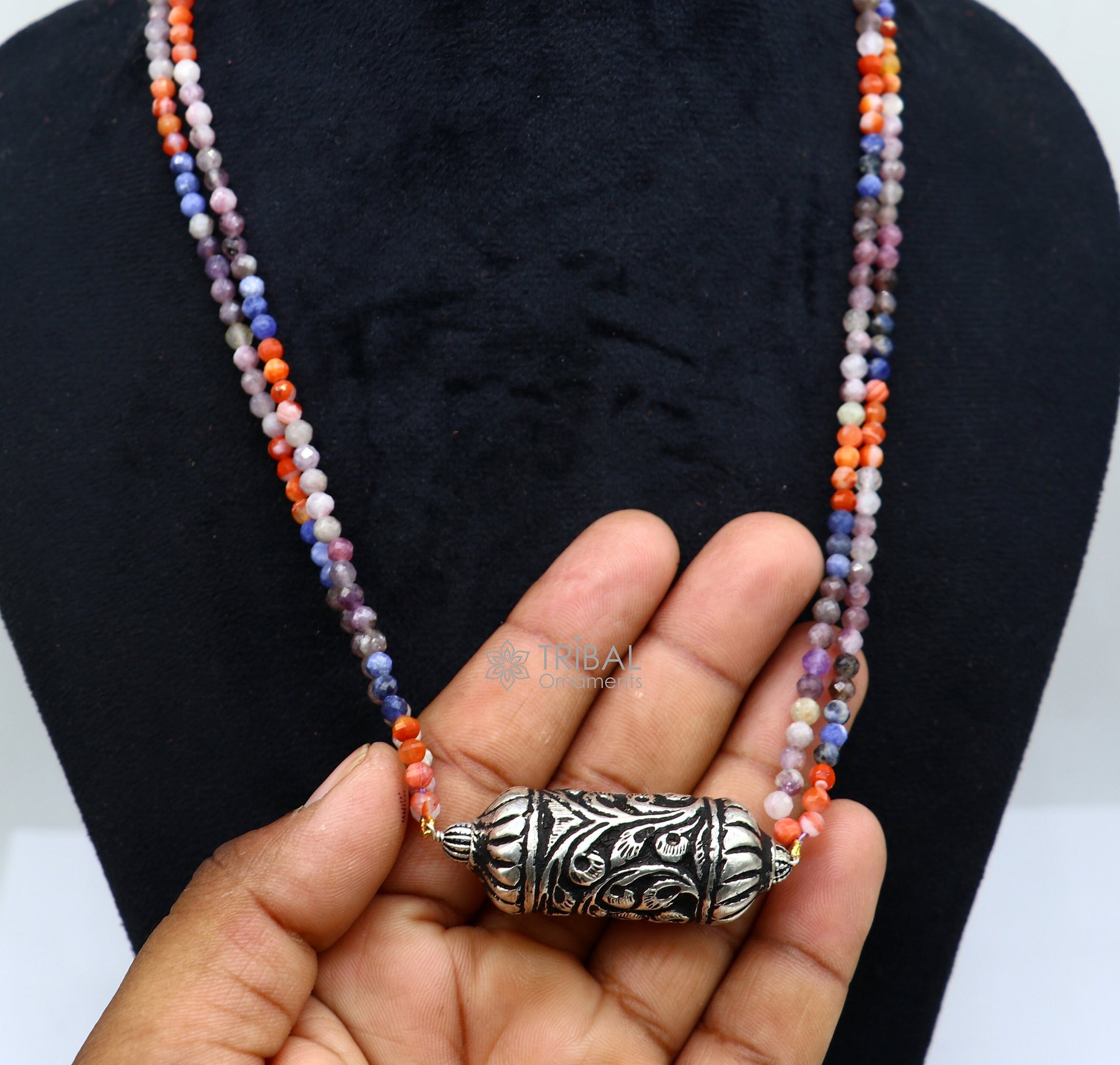 Indian traditional tribal jewelry set featuring natural stone beaded necklace and choker with 925 sterling silver Nakshi work.