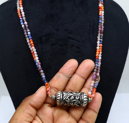 Indian traditional tribal jewelry set featuring natural stone beaded necklace and choker with 925 sterling silver Nakshi work.