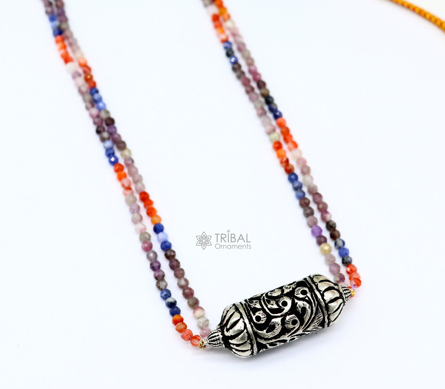 Indian traditional tribal jewelry set featuring natural stone beaded 925 sterling silver chitai nakshi work necklace and choker.