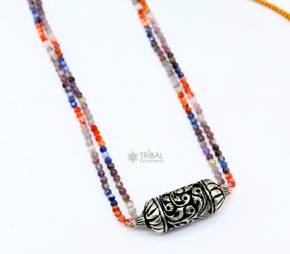 Indian traditional tribal jewelry set featuring natural stone beaded 925 sterling silver chitai nakshi work necklace and choker.