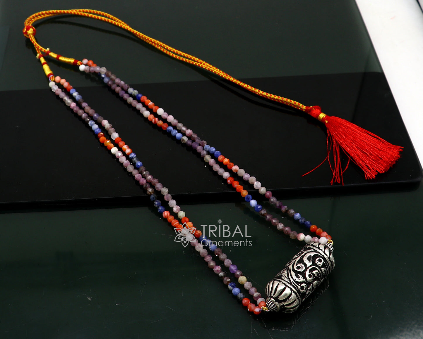 Indian traditional tribal jewelry set with beaded natural stones and sterling silver Chitai Nakshi work choker necklace and matching earrings.
