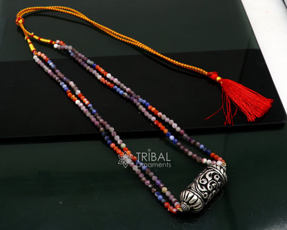 Indian traditional tribal jewelry set with beaded natural stones and sterling silver Chitai Nakshi work choker necklace and matching earrings.