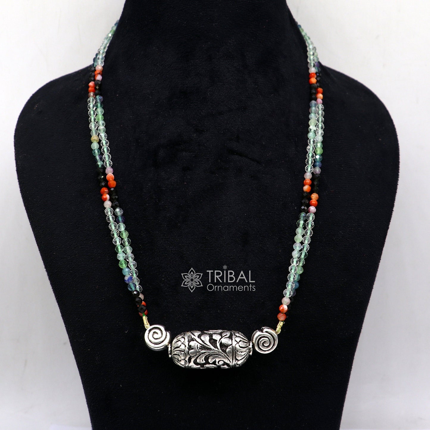 Indian tribal jewelry set featuring natural stone beaded choker with 925 sterling silver Chitai Nakshi work necklace and matching earrings