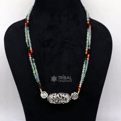 Indian tribal jewelry set featuring natural stone beaded choker with 925 sterling silver Chitai Nakshi work necklace and matching earrings