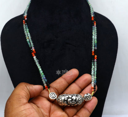 Indian traditional tribal jewelry set featuring beaded natural stones, 925 sterling silver Chitai Nakshi work choker necklace.