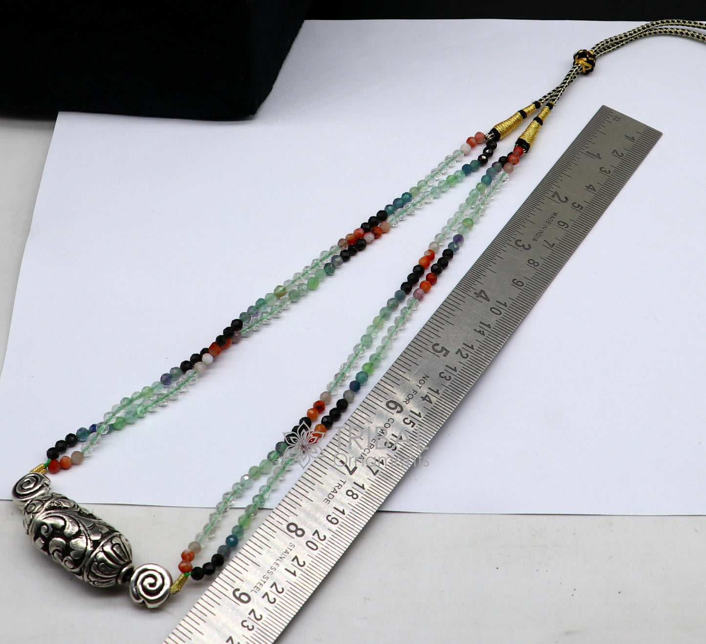 Indian tribal jewelry set featuring natural stone beaded 925 sterling silver Chitai Nakshi work necklace and choker, traditional style.