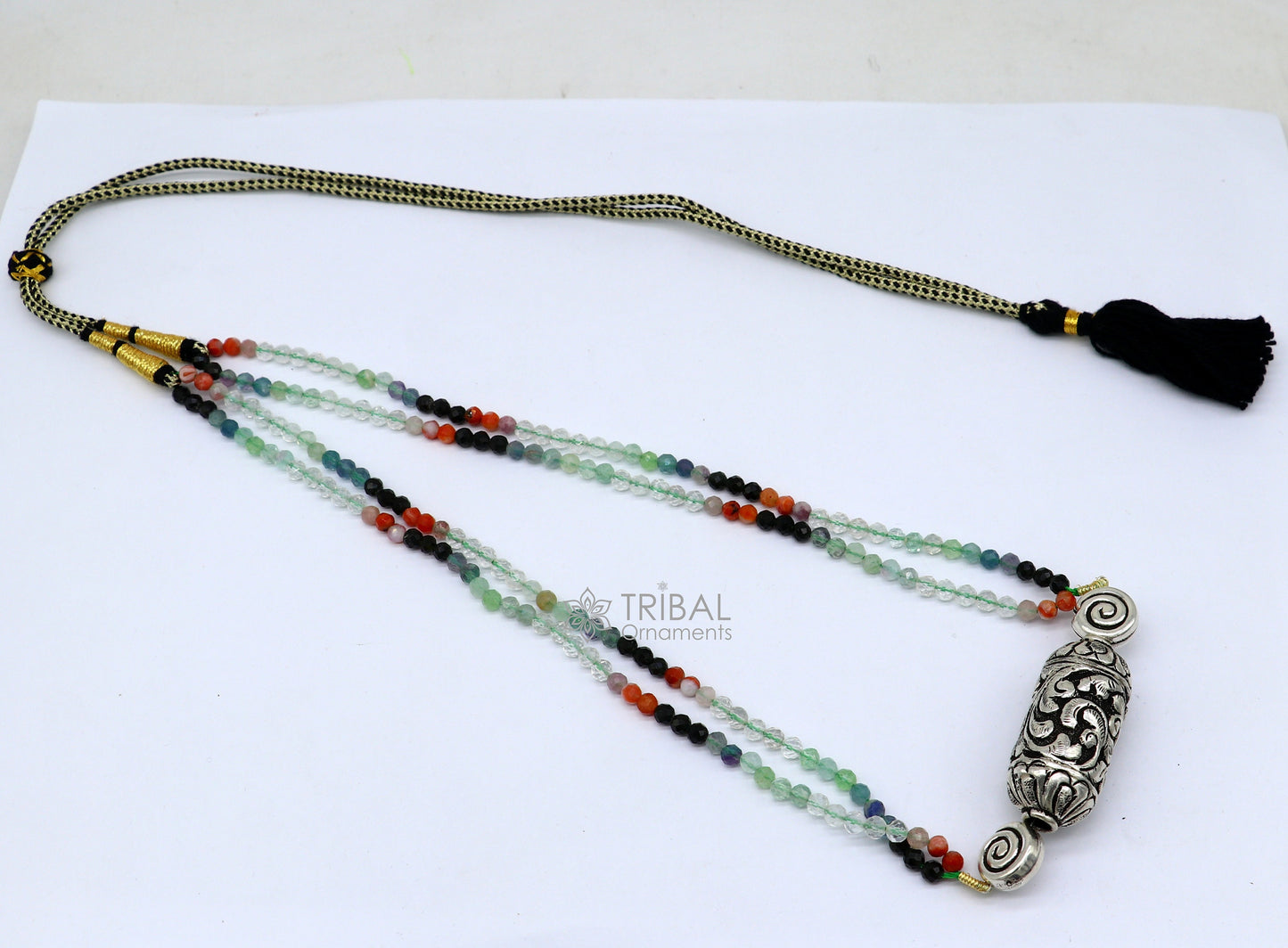 Indian traditional tribal beaded necklace set with sterling silver, natural stones, and intricate Nakshi work, featuring a choker style.