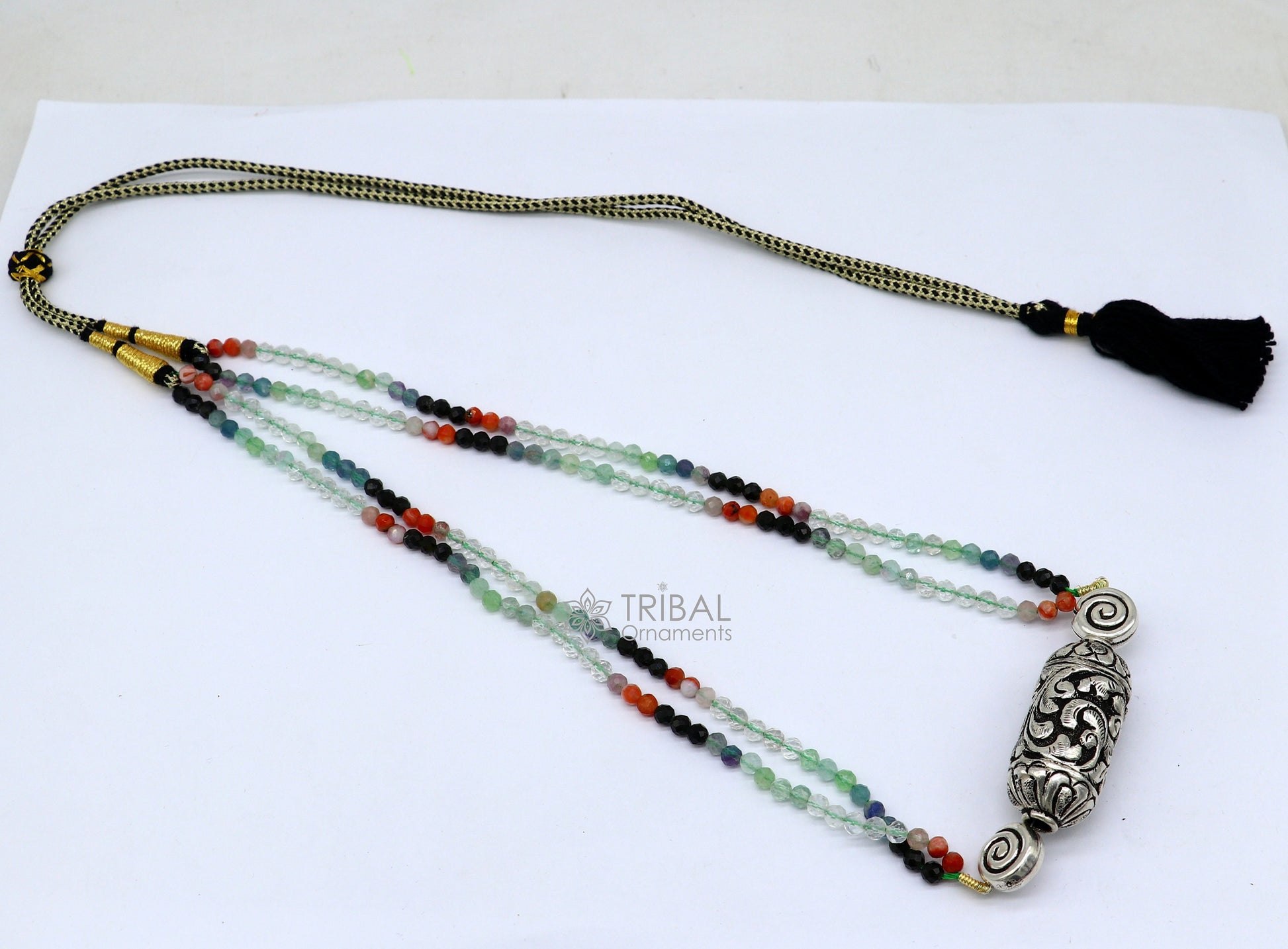 Indian traditional tribal beaded necklace set with sterling silver, natural stones, and intricate Nakshi work, featuring a choker style.