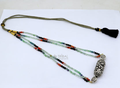 Indian traditional tribal beaded necklace set with sterling silver, natural stones, and intricate Nakshi work, featuring a choker style.