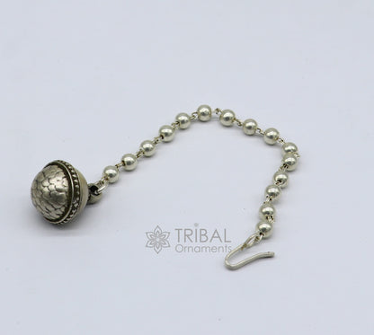 Indian traditional vintage-style mangtika hair jewelry in 925 sterling silver with intricate tribal ethnic design.