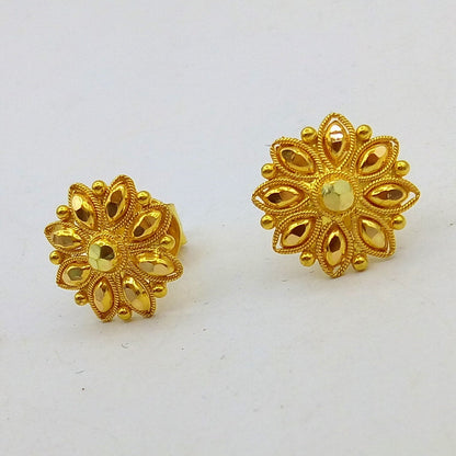 22Kt yellow gold handmade flower design stud earrings by TRIBAL ORNAMENTS, traditional Indian hand-carved jewelry for women