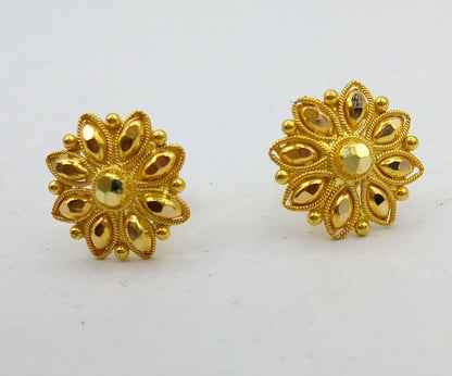 22Kt yellow gold handmade flower design stud earrings by TRIBAL ORNAMENTS, traditional Indian hand-carved jewelry for women.