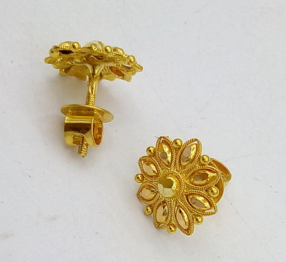 22Kt yellow gold handmade flower design stud earrings by TRIBAL ORNAMENTS, traditional Indian hand-carved jewelry for women