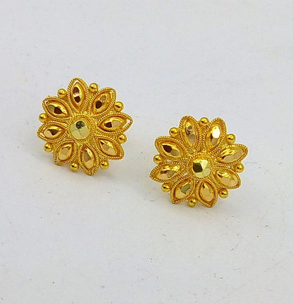 22Kt yellow gold handmade flower design stud earrings by TRIBAL ORNAMENTS, traditional Indian hand-carved jewelry for women