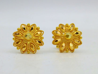 22Kt yellow gold handmade flower design stud earrings with traditional Indian hand-carved craftsmanship for women.