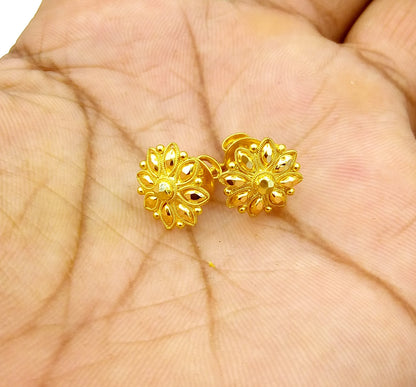 22Kt yellow gold handmade flower design stud earrings by TRIBAL ORNAMENTS, traditional Indian hand-carved jewelry for women