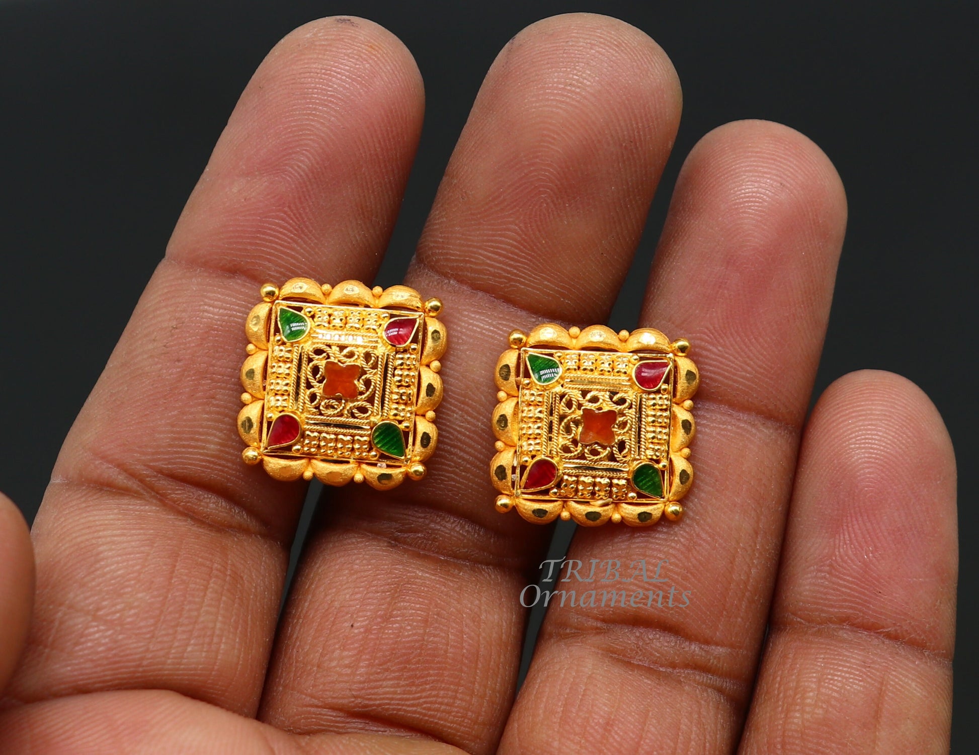 Indian traditional design handmade fabulous flower design 22k 22 carat yellow gold hand carved  stud earring for women's jewelry ER166 - TRIBAL ORNAMENTS
