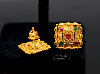 Indian handmade flower design 22K yellow gold stud earrings for women, featuring intricate hand-carved craftsmanship.