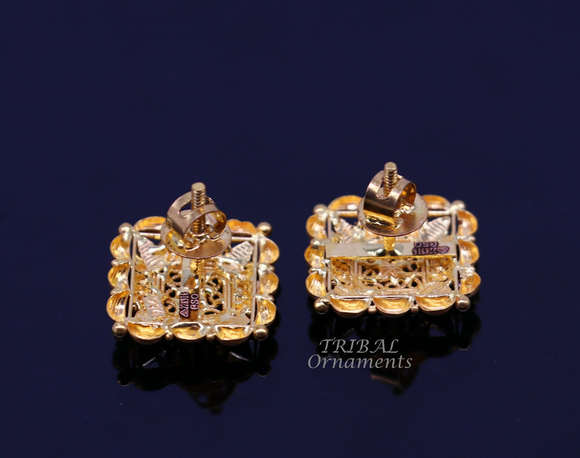 Indian traditional design handmade fabulous flower design 22k 22 carat yellow gold hand carved  stud earring for women's jewelry ER166 - TRIBAL ORNAMENTS