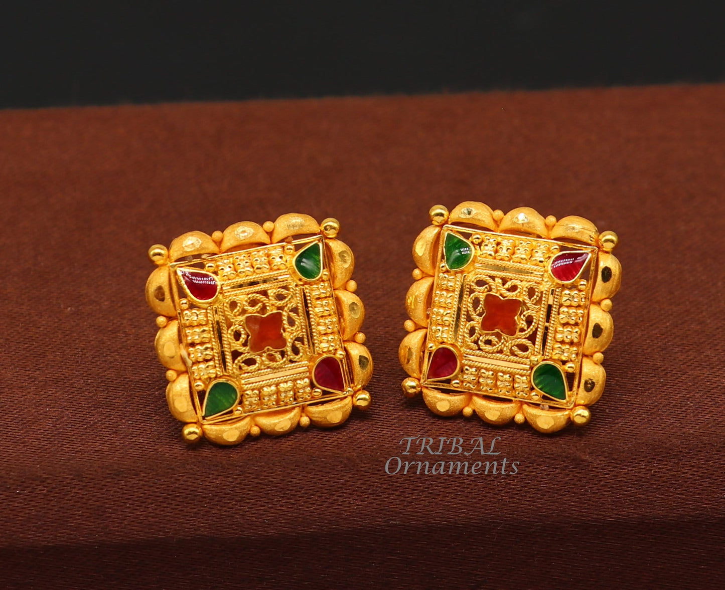 Indian traditional design handmade fabulous flower design 22k 22 carat yellow gold hand carved  stud earring for women's jewelry ER166 - TRIBAL ORNAMENTS