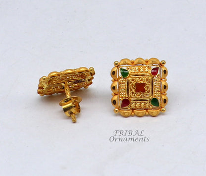 Hand-carved 22K yellow gold Indian traditional flower design stud earrings for women by TRIBAL ORNAMENTS.