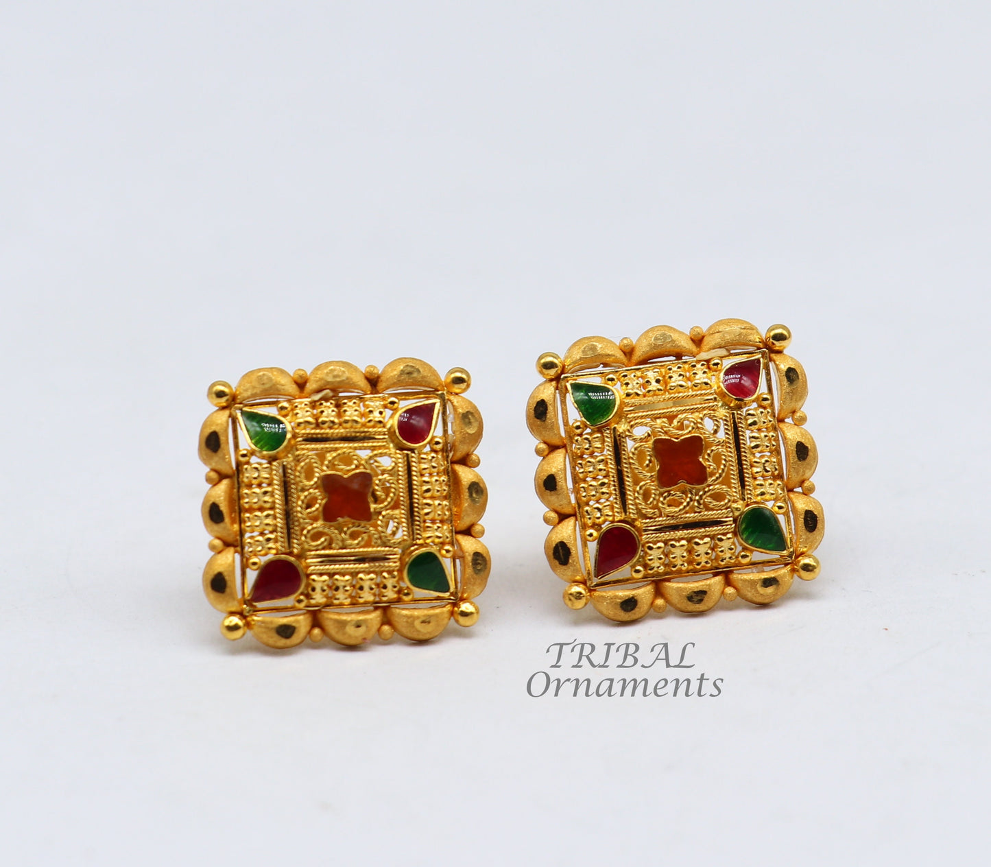 Indian traditional design handmade fabulous flower design 22k 22 carat yellow gold hand carved  stud earring for women's jewelry ER166 - TRIBAL ORNAMENTS